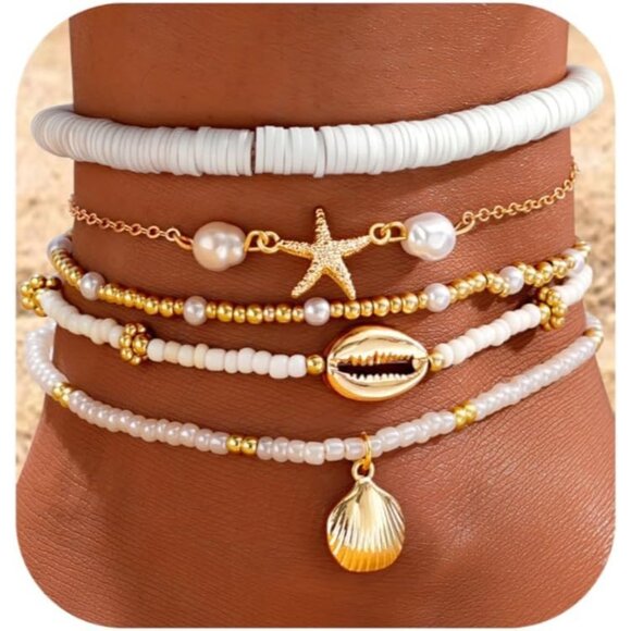 Gift-Ready 5 Pairs Adjustable Boho Anklet Set - Handmade Beach Foot Jewelry - Picture 1 of 7